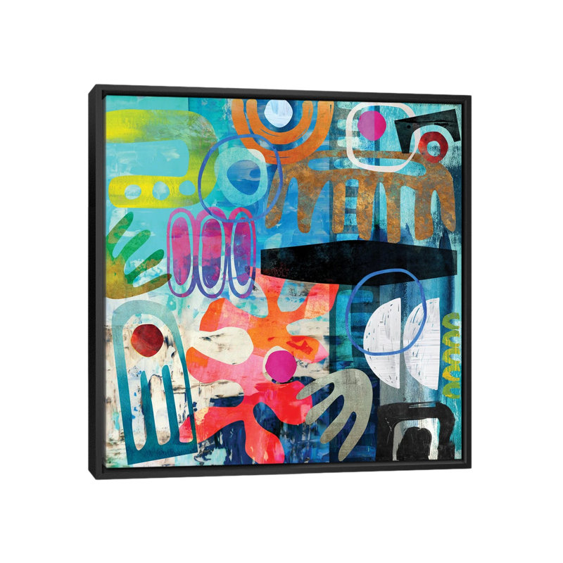 Tribal abstrait bleu par Nikki Chu - imprimé, Cadre noir, H 37 po x l 37 po x P 1,5 po