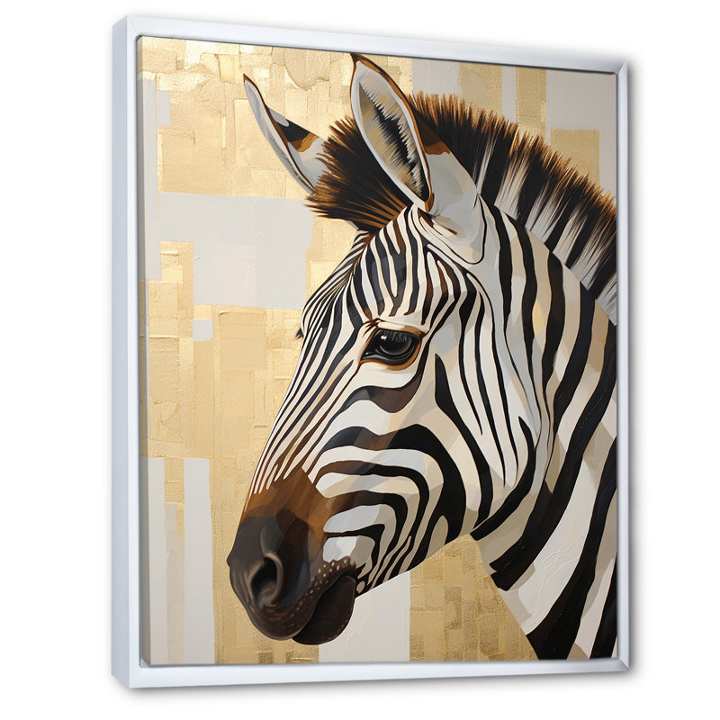 Beige et doré zèbre couleur II sur toile, Cadre flottant blanc, H 32 po x l 16 po x P 1 po