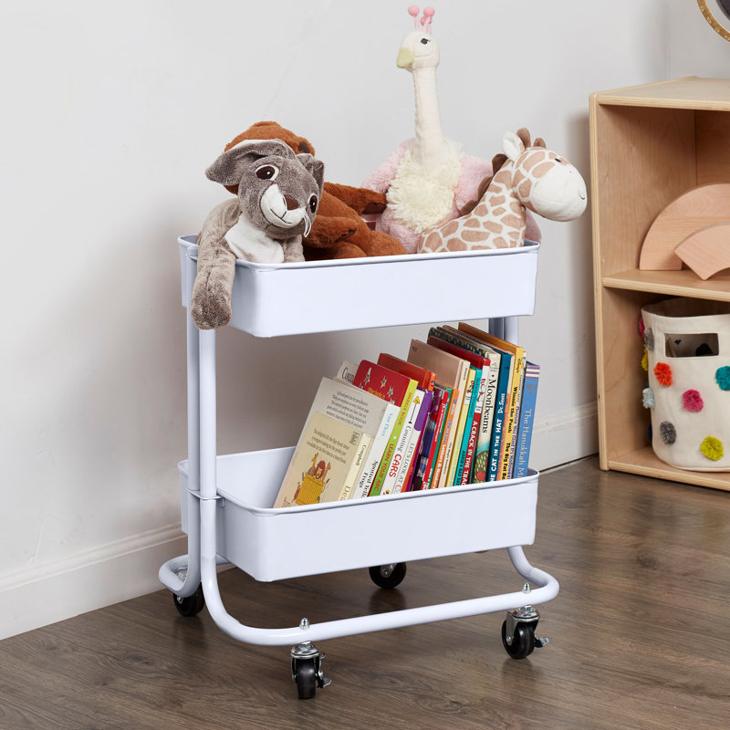White Metal 2-Tier Rolling Utility Cart with Mesh Baskets