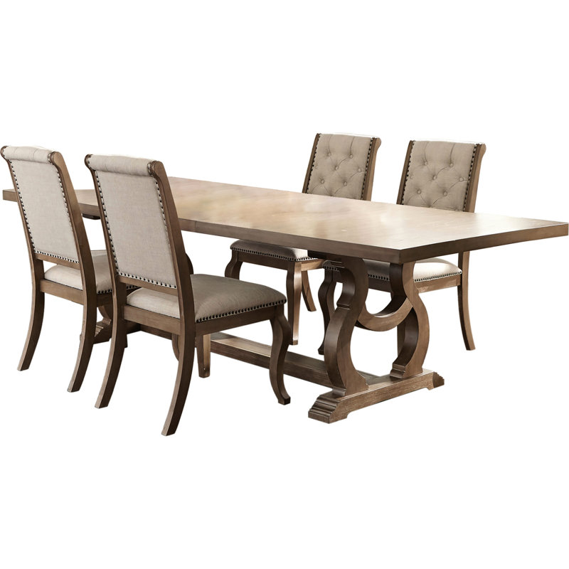 Table rectangulaire avec rallonge amovible et chaises à dossier solide à 4 boutons dans une élégante garniture cloutée de 5 pièces orge