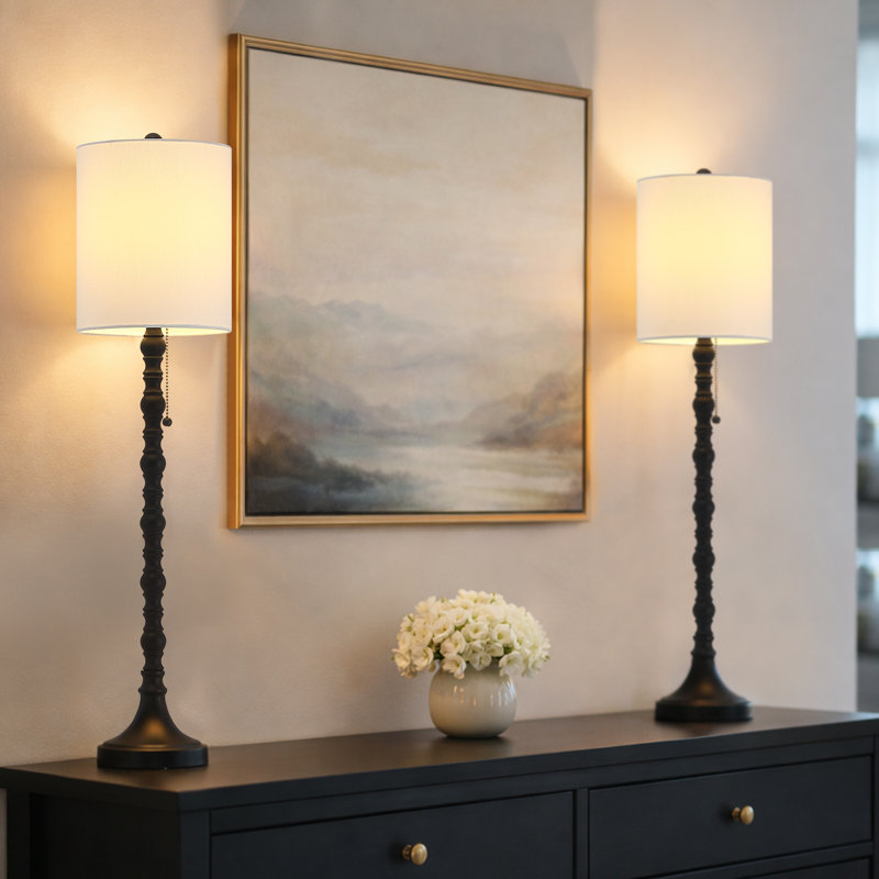 Lampes de 30 po style ferme noir avec abat-jour blanc et interrupteur à chaîne