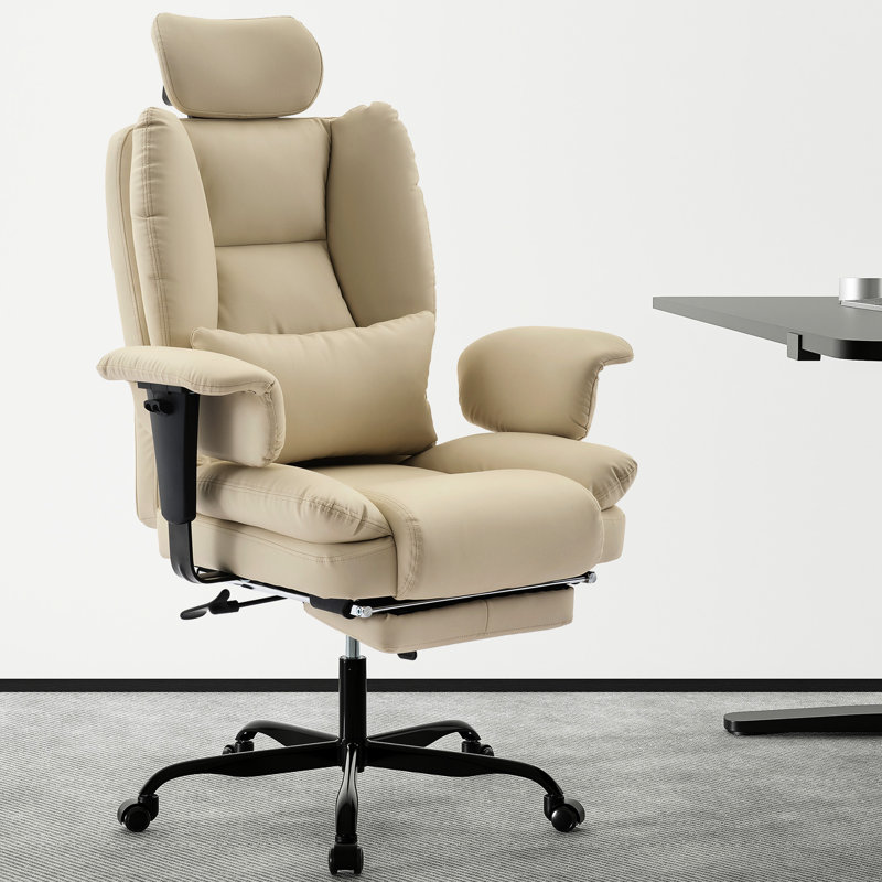 Fauteuil ergonomique pour ordinateur portable ergonomique beige avec coussin lombaire réglable et double couche pour un soutien confortable et un repose-pieds extensible