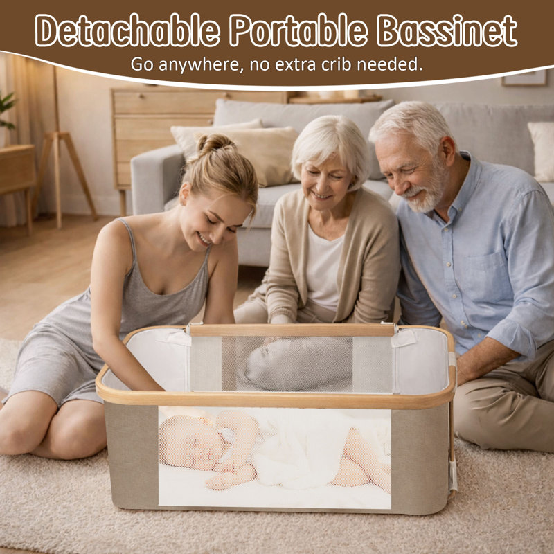 Bedside Sleeper Bassinet, Detachable Portable Baby Bassinet With Rocking Function, 8-level Height Adjustable Newborn Bed, Breathable Mesh, Storage Basket & Rotating Mobile Toy, Khaki