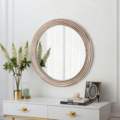 Miroir mural rond en bois perlé rustique