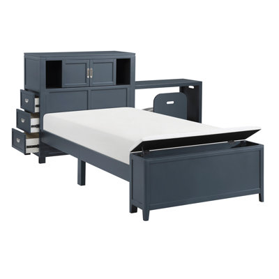 Finition bleu marine Lit plateforme avec bibliothèque et tête de lit avec tiroirs, bureau caché, tabouret, pied de lit, banc de rangement, mobilier de chambre à coucher, 1 pièce