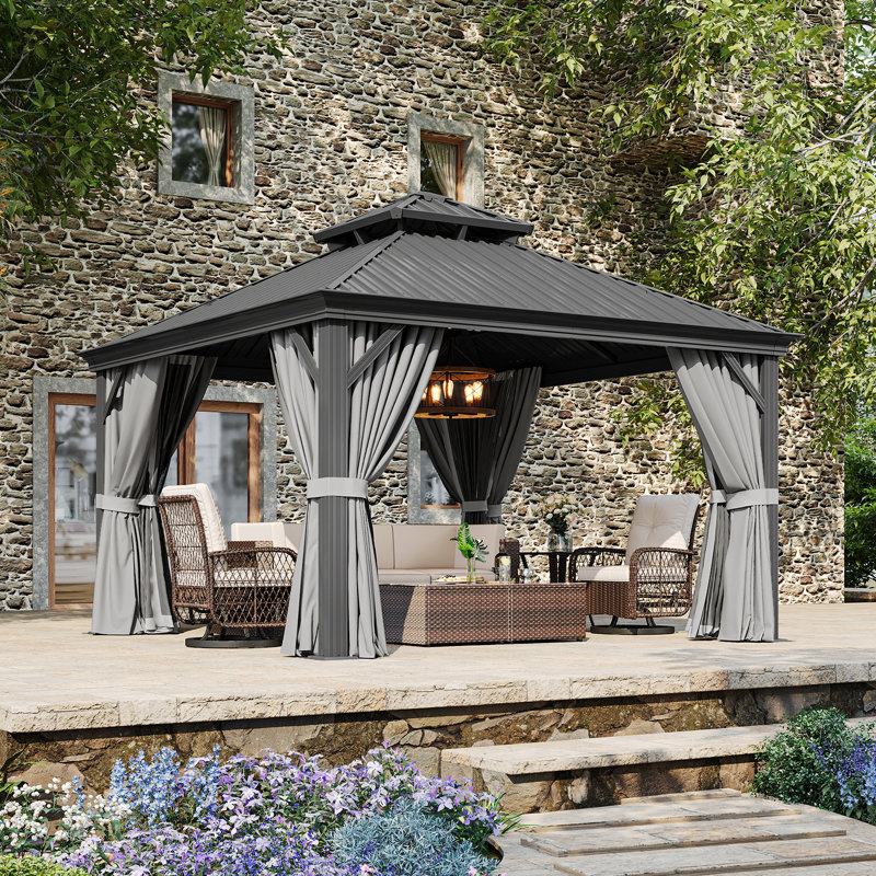 Pavillon de jardin extérieur à toit rigide 12 'x 10' avec double toit, rideaux et filet, 12' x 10'