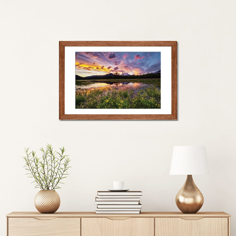 Wildflowers And Mt. Bachelor II, Classic Wood Open Corner Frame Paper, 16" H x 24" W x 1" D