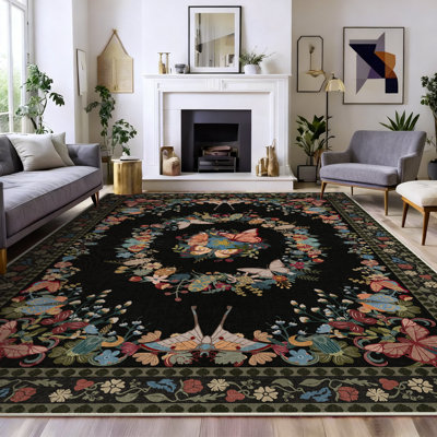 Tapis lavable à motif de papillons noirs doux et moelleux d'inspiration vintage