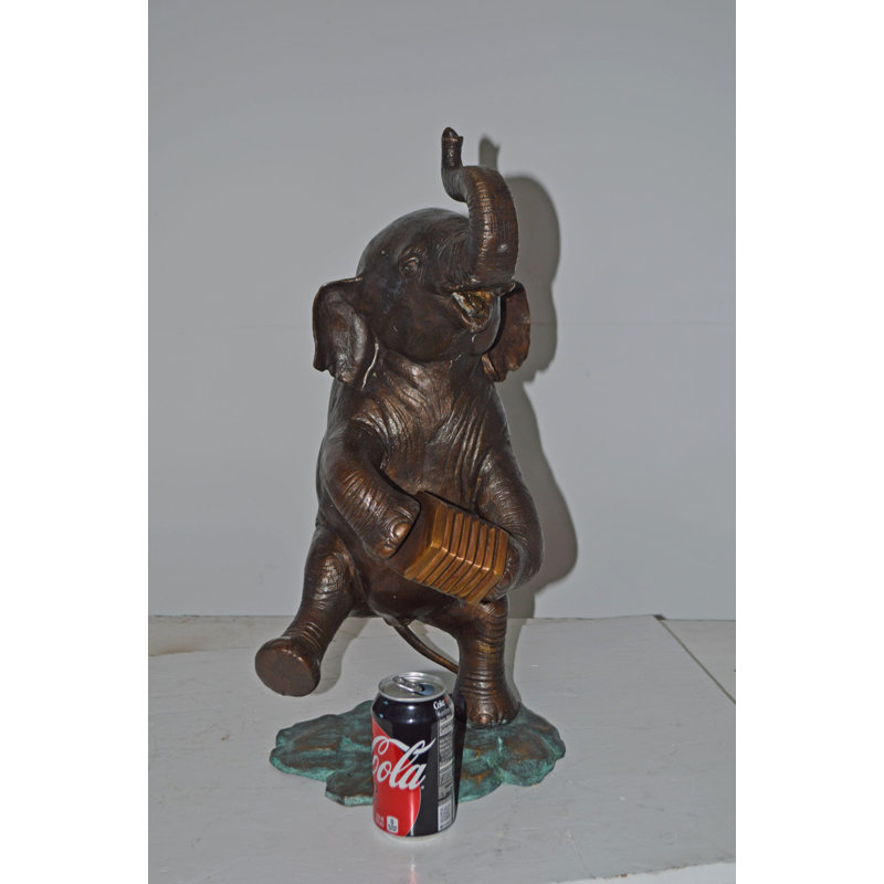Statue en bronze de l'éléphant Jaylon dansant et jouant de l'accordéon - 13 po x 11 po x H 22 po
