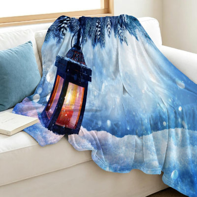 Jeté en flanelle bleue ultra douce, imprimé de lanterne de Noël