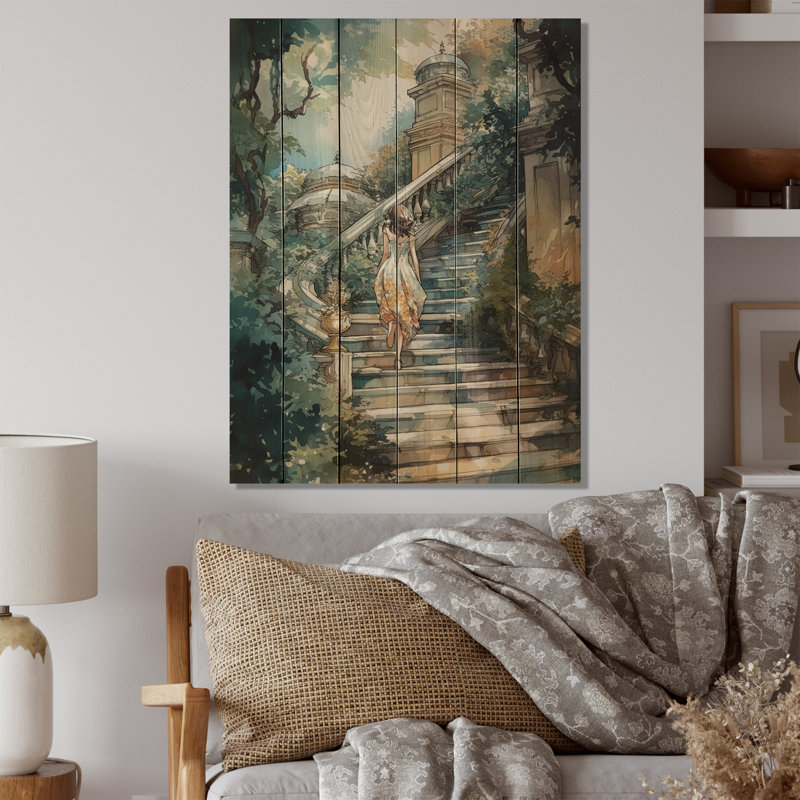 Stunning Girl By The Stairs III - Woman Romantic Print on Natural Pine Wood, H 32 po x l 24 po x P 0,78 po