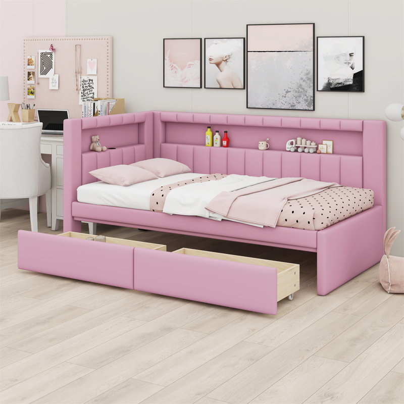 Upholstered Platform Bed With USB Ports And LED Belt, With 2 Drawers, Pink