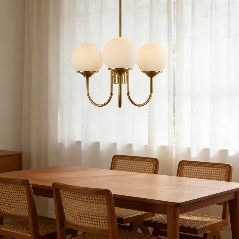 3-Light Dimmable Mid-Century Globe Chandelier with Opal Glass Shades, Brushed Gold