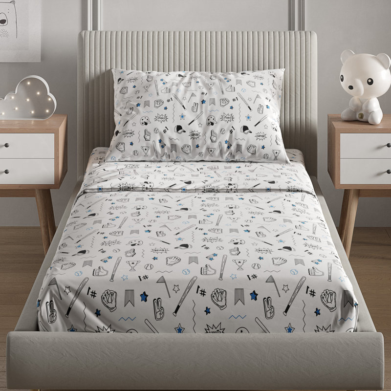 Kids Sheet Set, Soft Microfiber Bedding, Cozy & Breathable, Wrinkle Free Easy Care Bed Sheets, Baseball Blue