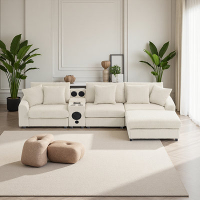 Canapé modulaire en velours côtelé avec haut-parleurs Bluetooth, canapé en L avec console, chargeur USB, porte-gobelets, rangement, repose-pieds, canapé à sièges profonds et larges pour salon, appartement
