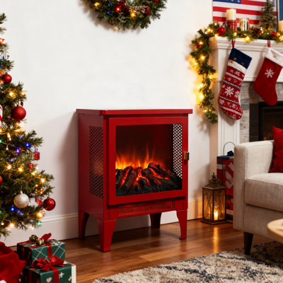 18 - Inch Freestanding Electric Fireplace Stove, Red Finish, 3d Flame, /ul Certification, Double , 1400w/700w Heat, 5000 's, Panoramic 3 Sided, Removable Foot, Golden Door Handle Heater With Flame