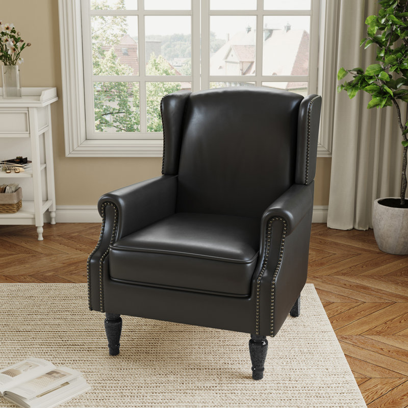 74 Cm Wide Wingback Armchair with Nailhead Trim, Black Faux Leather