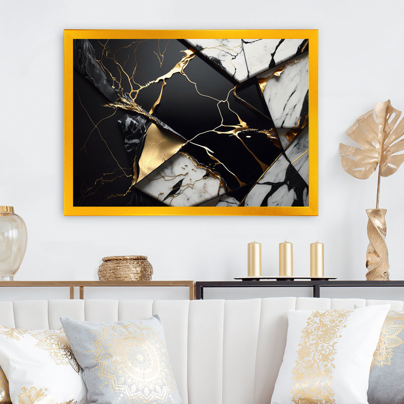 «Abstract Geode Gold IV», reproduction sur toile, Cadre doré simple, H 16 po x l 32 po x P 1 po