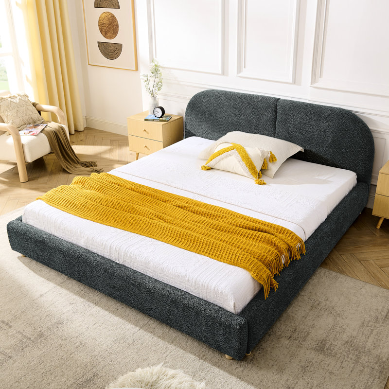 Dark Gray Queen Bed With A Tall Curved Headboard, Soft Textured Fabric, And Construction Upholstered Unique Headboard High - Performance Circle Fabric