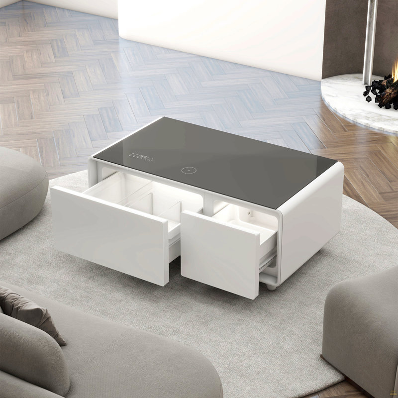 Table basse intelligente avec réfrigérateur intégré, haut-parleur Bluetooth, chargement sans fil, panneau de commande tactile, ports USB