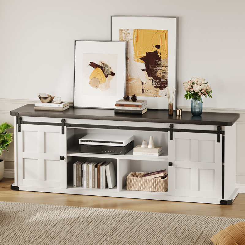 Farmhouse TV Stand for 75 Inch TV, Entertainment Center with Storage Cabinets and Sliding Barn Doors, White/Black