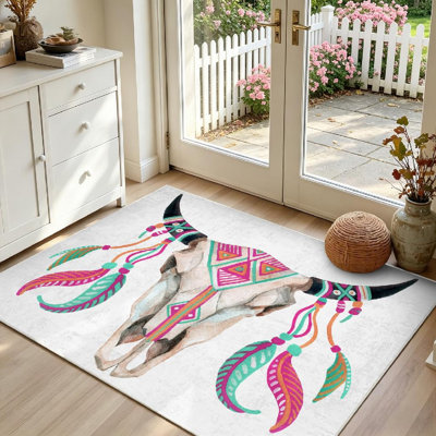 Tapis d'intérieur transparent lavable à la machine, motif aquarelle crâne de buffle et vache tribale