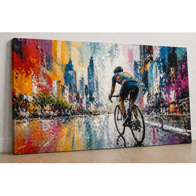 Large Colorful Cyclist Cityscape Abstract Wall Art Modern Urban Bike Painting Living Room Office Decor 24x36 Inch Canvas Print - Ready to hang