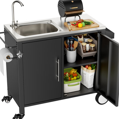 Chariot de barbecue extérieur avec évier intégré, 96,5 cm x 45,7 cm x 88,9 cm, design multifonctionnel, en acier inoxydable 304, avec décapsuleur et table de rangement, roues verrouillables et un espace généreux