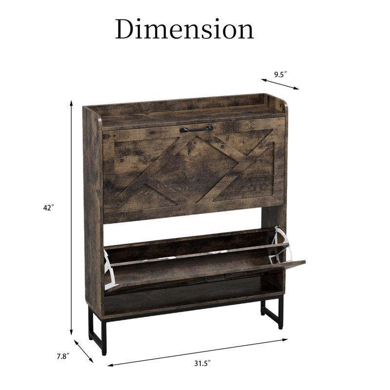 Slim Shoe Cabinet With 2 Flip-Down Drawers, Brown