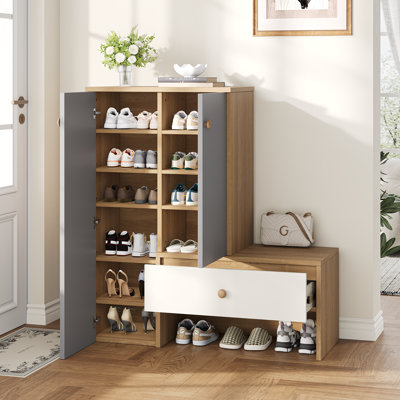 12 Pair Shoe Storage Organizer With Bench, 43.25''H Shoe Cabinets, Shoe Rack With 6-Tier Adjustable Shelves, For Entryway Hallway Closet, White & Gray, Cabinet