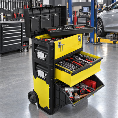 Stackable Rolling Tool Box, 3‑Tier Portable Tool Box with Wheels and 2 Drawers, Trolley Tool Chest for Garage Workshop