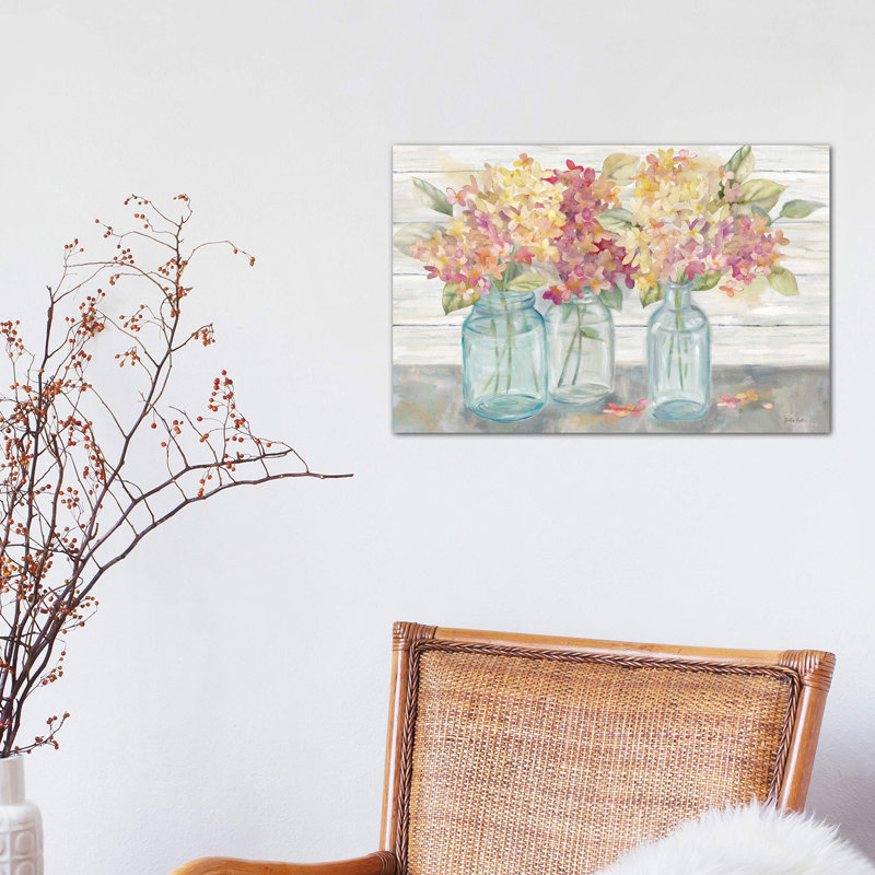 Farmhouse Hydrangeas In Mason Jars Spice by Cynthia Coulter - Wrapped Canvas Painting, 20.32cm H x 30.48cm W x 1.91cm D