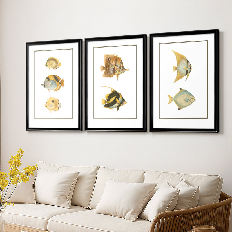 Antique Tropical Fish I - Toile tendue avec châssis sur mesure - 3 pièces, H 27 po x l 39 po, Noir