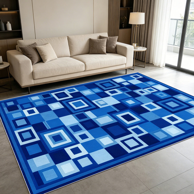 1PC Blue Geometric Square Mosaic area rugs for Living Room, Soft and Comfortable, Suitable for all seasons, easy-to-maintain, machine washable Indoor floor mat, Under Table Farmhouse suitable for dining room, bedroom, entryway, home office, patio,