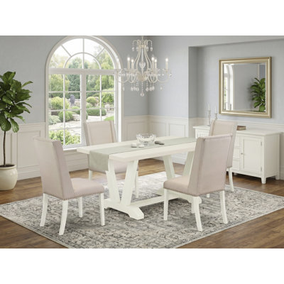 L'ensemble de table de cuisine 5 pièces pour 4 personnes comprend une table de salle à manger rectangulaire avec pieds en V et 4 chaises rembourrées en tissu crème, lin brossé blanc
