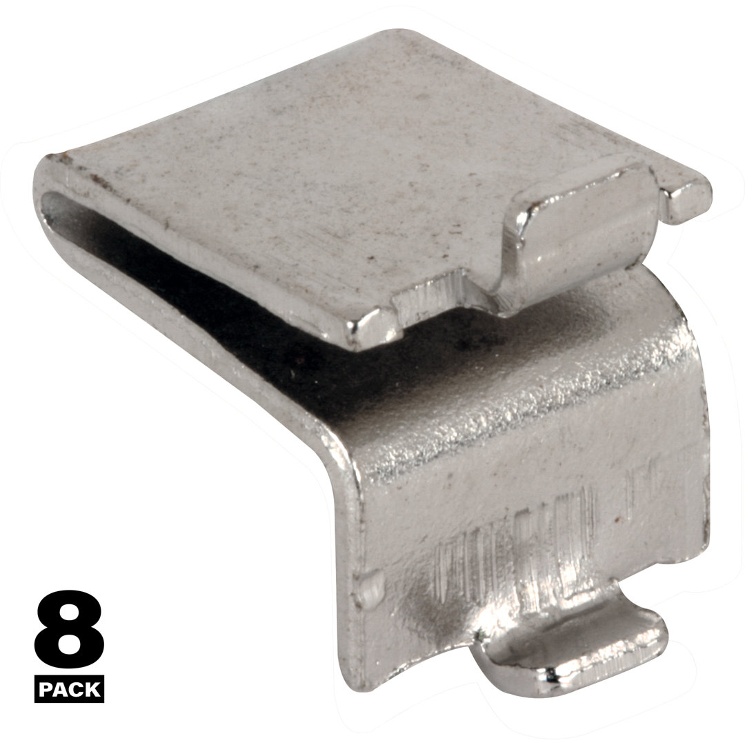 Nickel-plated metal shelf bracket with a slot shape, viewed from an angle.