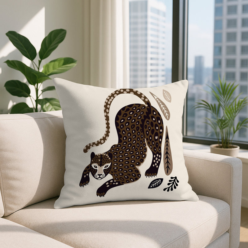 Oreiller carré réversible intérieur / extérieur Gino Leopard, Carré 17 po, Beige