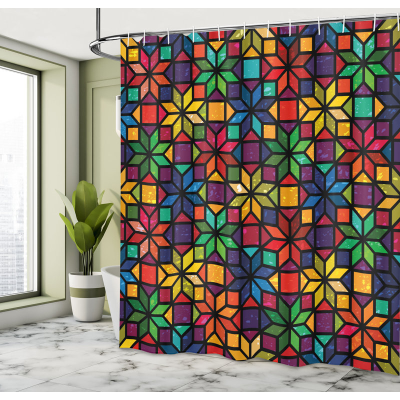 Multicolor Geometric Pattern Water-Resistant Shower Curtain with Hooks