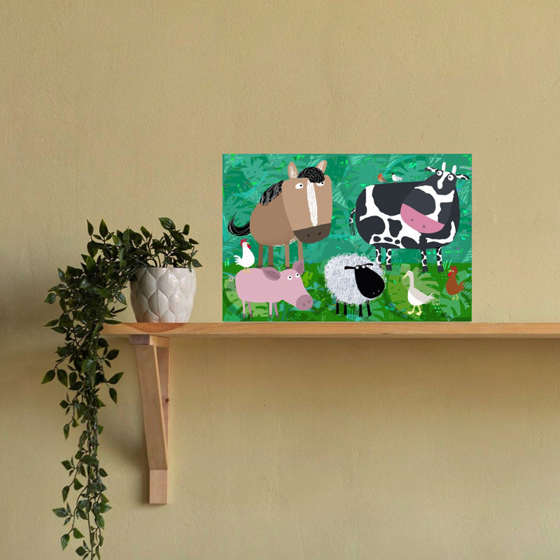 Happy Farm Friends Abstract Contemporary Bird Cow Goose Landscape Nature Wall Art Print by Carla Daly - Wrapped Canvas Print