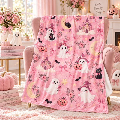 Rose Pink Ghost Flannel Blanket, Floral Castle Moon Black Cat Pumpkin and Bow Pattern Throw for Couch Sofa Bed and Reading Nook Styling Accent, 40 x 50 in