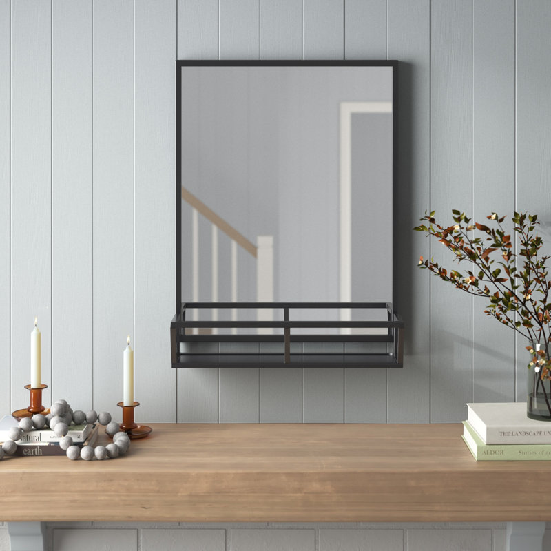 Shiloh Metal Flat Mirror with Shelves, Solid Black