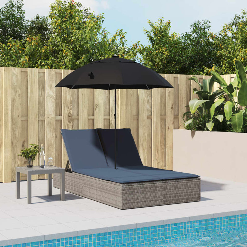  Double méridienne double avec coussins et parasol gris en rotin de polyester, Coussin bleu marine / structure grise