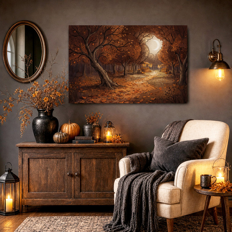 Art mural sur toile Halloween au clair de lune avec étals en bois, H 16 po x l 24 po