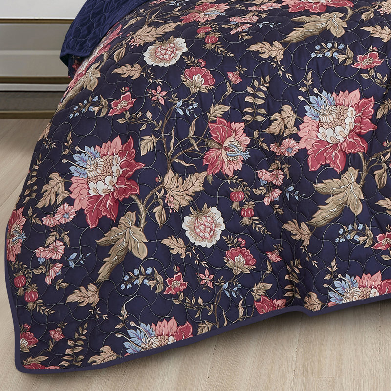 Ensemble de couvre-lit en microfibre 3 pièces, Couvre-lit grand + 2 taies décoratives standard, Bleu marine / rose Winona