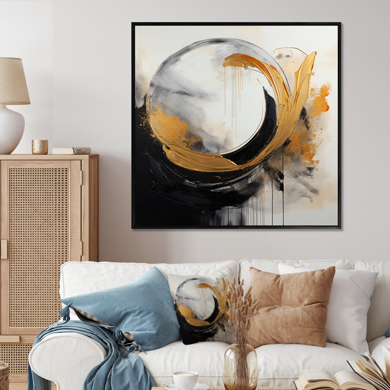 Yin Yang, au-delà de la dualité, abstrait or et noir I - impression, Cadre flottant noir, H 24 po x l 24 po x P 1 po