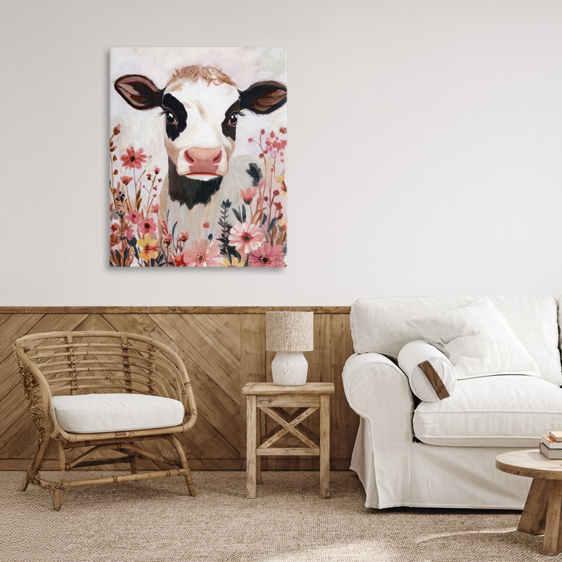 Vache et toile de fleurs sauvages roses, design par Sara Culpepper, H 30 po x l 24 po