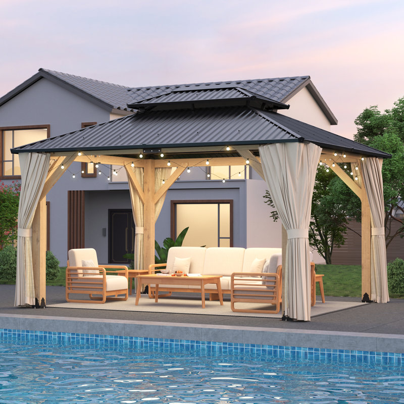 Solid Wood Patio Gazebo With Privacy Curtains And Netting, Patio Cedar Wood Gazebo Galvanized Steel Hardtop Heavy Duty Frame For Garden, Lawn, Poolside, Backyard Deck