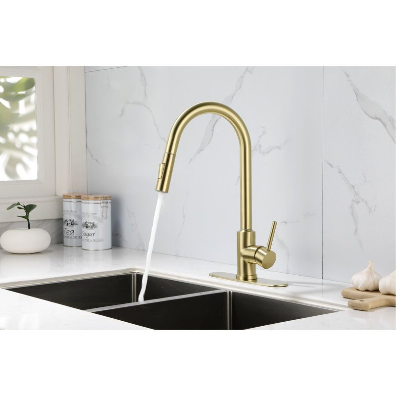 Gold Stainless Steel Kitchen Pull Down Faucet - 360 Rotatable High Spout, Simple Single Handle For Water Temperature And Flow Adjustment, Corrosion Rust-, 15.83 In. Deep, 10.04 Wide, 4.27