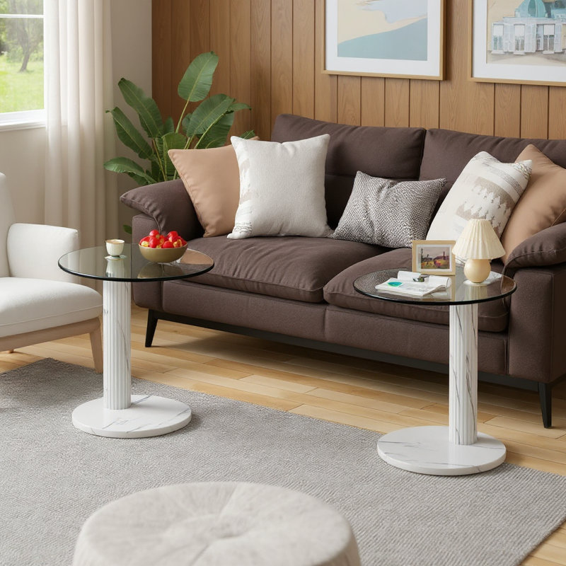 Table de bout ovale en forme de C, petite table d'appoint pour canapé, table de canapé avec panneau de fibres à densité moyenne, support en métal et plateau en verre trempé pour le salon, la chambre à coucher, le chevet, ensemble de 2