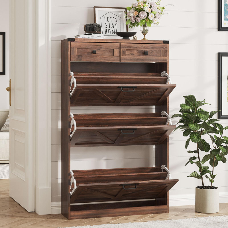 Armoire à chaussures avec 3 tiroirs rabattables et 2 tiroirs, Noyer foncé